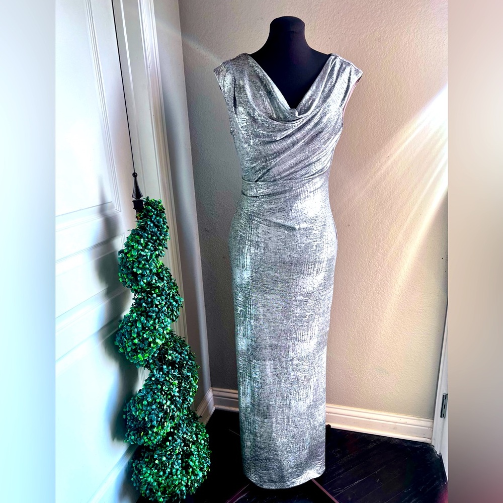 Silver Drape Floor-Length Formal Dress by Connected Apparel—Size 8
